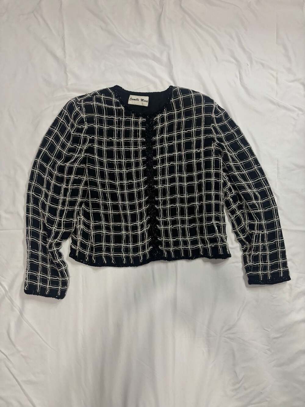 Camille Marie Black and White Beaded Grid Pattern Open Front Jacket